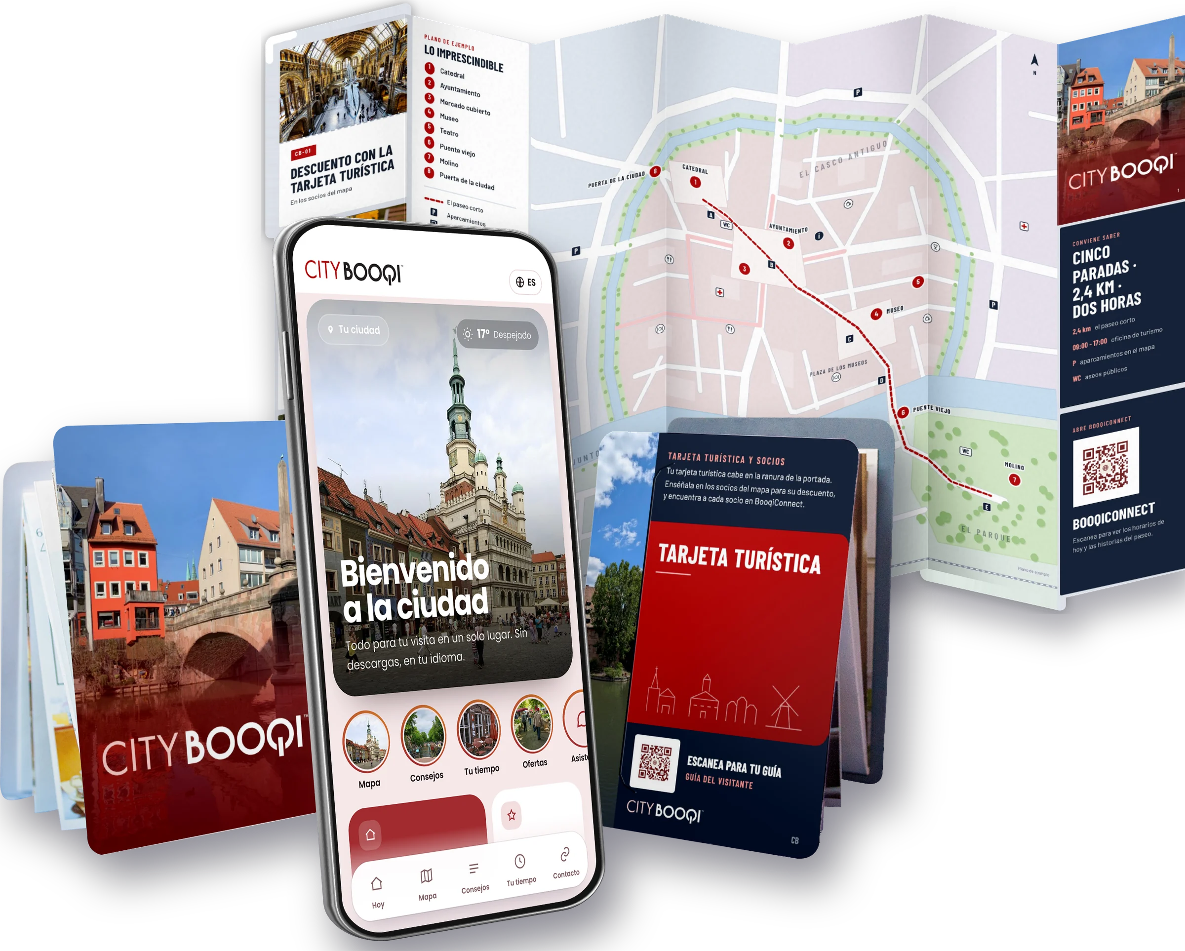 Un CityBooqi en la mano, con la guía digital en un teléfono