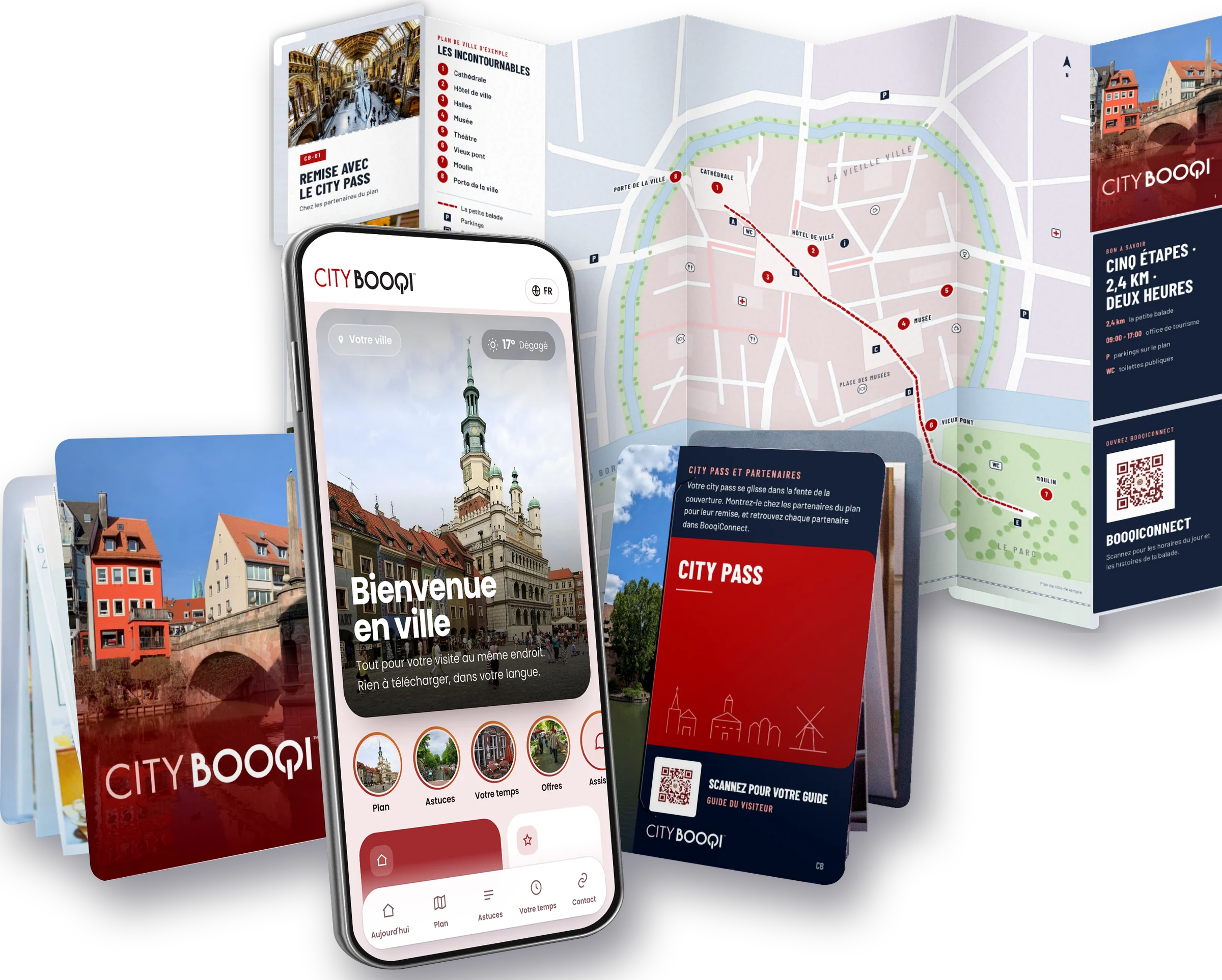Un CityBooqi en main, avec le guide numérique sur un téléphone